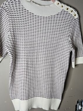 Ann Taylor Cream Knit Short-Sleeve Sweater with Black Grid and Gold Buttons